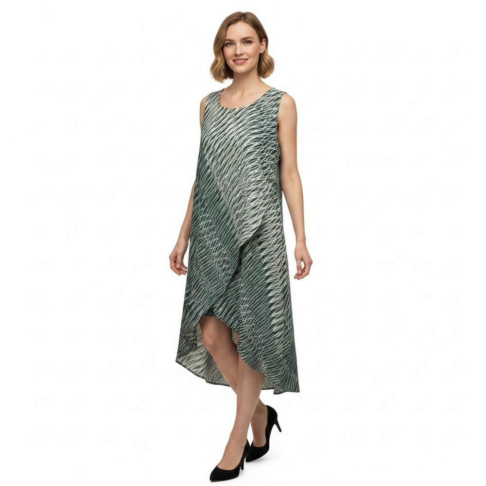 Artsy Abstract Midi Dress M Green Layered Asymmetrical Wedding Guest Cocktail